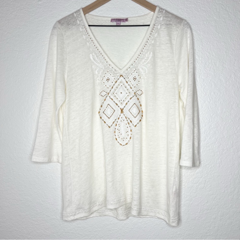 Calypso St Barth Cream Linen Embroidered Beaded Blouse Top 3/4 Sleeve size Small